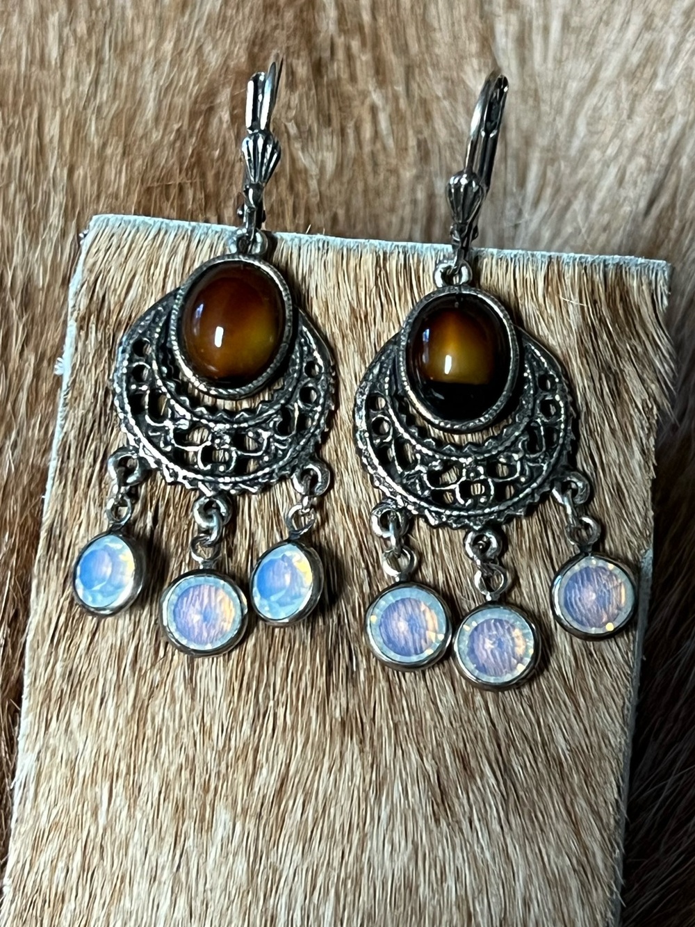 Signed Vintage tiger eye and moon stone filigree dangle earrings